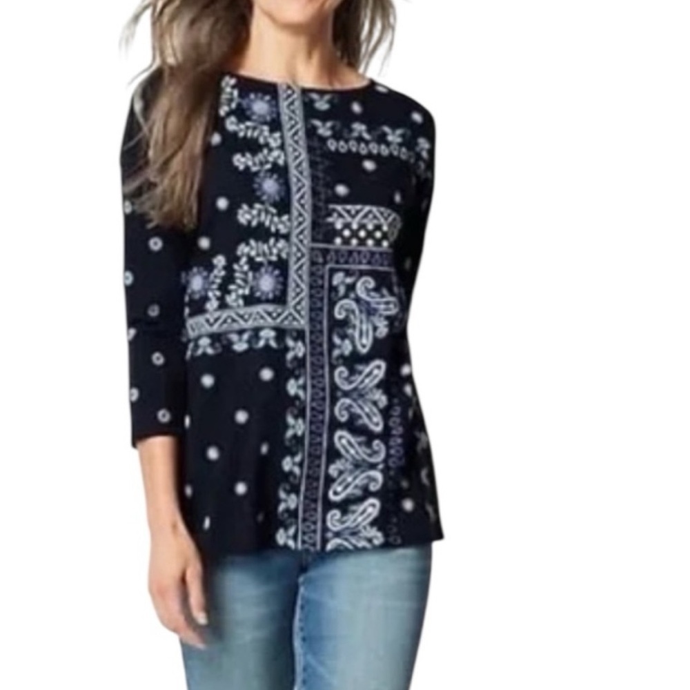 J Jill Flagstaff Navy Blue embroidered Patterned Women's Top Large fairy